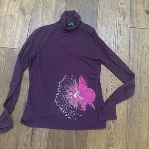 Burgundy Turtleneck Top with Pink Floral Design